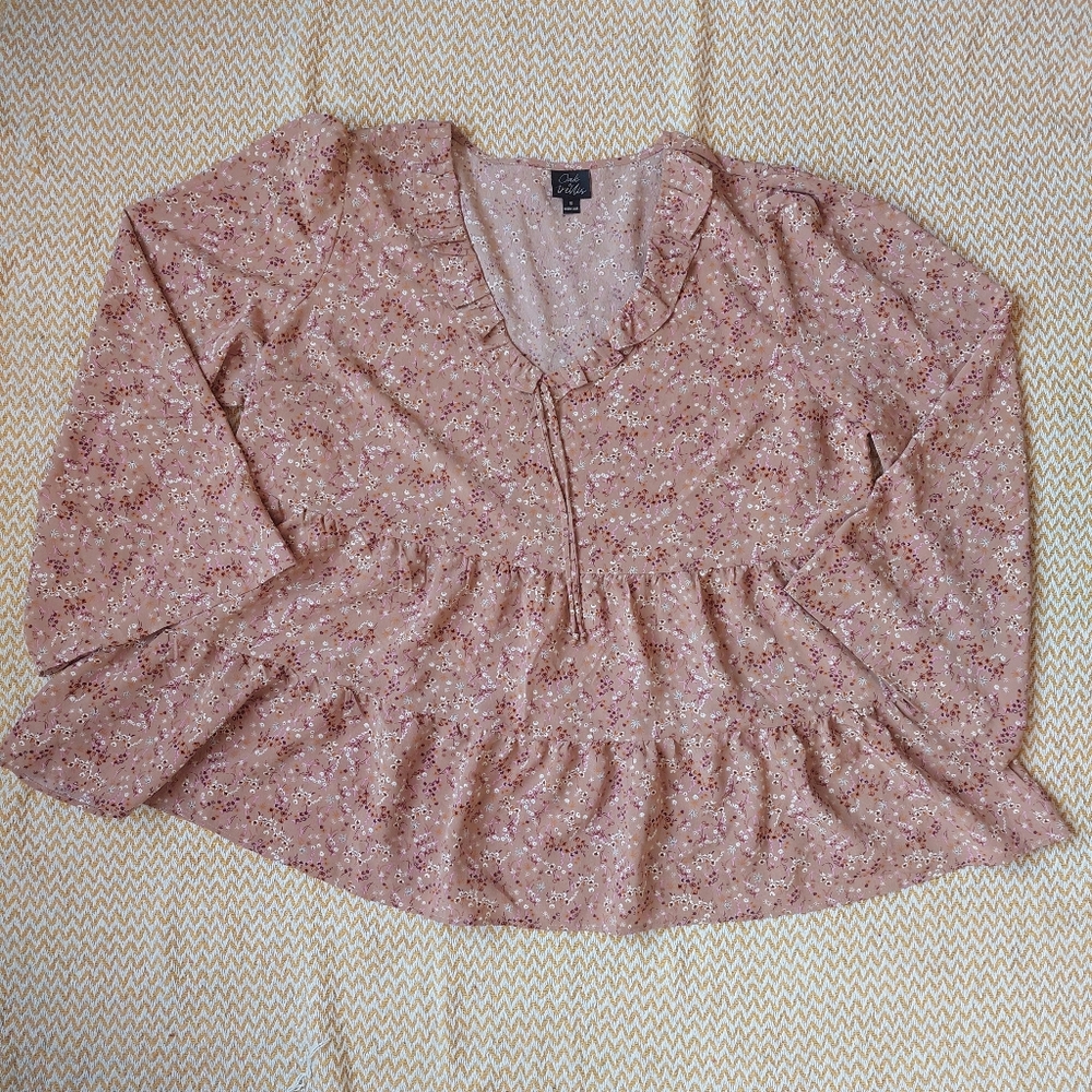 Women's Pink Floral Ruffle V-Neck Peplum Blouse - Picture 2 of 6